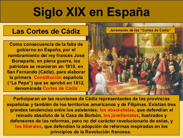 Siglo XIX en EspaÃ±a
Las Cortes de CÃ¡diz

Juramento de las â€œCortes de CÃ¡dizâ€

Como consecuencia de la falta de
gobierno en ...