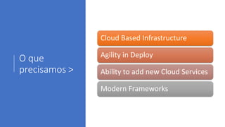 O que
precisamos >
Cloud Based Infrastructure
Agility in Deploy
Ability to add new Cloud Services
Modern Frameworks
 