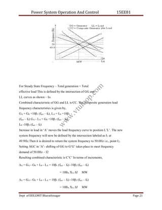 Power System Operation And Control 15EE81
Dept of EEE,GMIT Bharathinagar Page 21
For Steady State Frequency – Total generation = Total
effective load This is defined by the intersection of GG and
LL curves as shown – Io.
Combined characteristic of GG and LL is CC. The composite generation load
frequency characteristics is given by,
GA = G0 +10β1 (fact – f0), LA = L0 +10β2
(fact – f0) GA - LA = G0 +10β1 (fact – f0) -
L0 -10β2 (fact – f0)
Increase in load in ‘A’ moves the load frequency curve to position L’L’. The new
system frequency will now be defined by the intersection labeled as I1 at
49.9Hz.Then it is desired to return the system frequency to 50.0Hz i.e., point I2.
Setting AGC in ‘A’- shifting of GG to G’G’ takes place to meet frequency
demand of 50.0Hz – I2
Resulting combined characteristic is C’C’ In terms of increments,
∆A = GA - G0 + L0 - LA = 10β1 (fact – f0) -10β2 (fact – f0)
= 10BA XA ∆f MW
∆A = GA - G0 + L0 - LA = 10β1 (fact – f0) -10β2 (fact – f0)
= 10BA XA ∆f MW
w
w
w
.
v
t
u
l
o
o
p
.
c
o
m
 