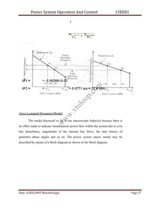 Power System Operation And Control 15EE81
Dept of EEE,GMIT Bharathinagar Page 27
Area Lumped DynamicModel
The model discussed so far is one macroscopic behavior because there is
no effort made to indicate instantaneous power flow within the system due to a tie
line disturbance, magnitudes of the internal line flows, the time history of
generator phase angles and so on. The power system macro model may be
described by means of a block diagram as shown in the block diagram.
w
w
w
.
v
t
u
l
o
o
p
.
c
o
m
 
