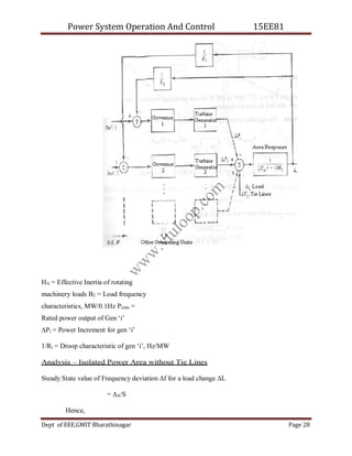 Power System Operation And Control 15EE81
Dept of EEE,GMIT Bharathinagar Page 28
HA = Effective Inertia of rotating
machinery loads Β2 = Load frequency
characteristics, MW/0.1Hz Pirate =
Rated power output of Gen ‘i’
∆Pi = Power Increment for gen ‘i’
1/Ri = Droop characteristic of gen ‘i’, Hz/MW
Analysis – Isolated Power Area without Tie Lines
Steady State value of Frequency deviation ∆f for a load change ∆L
= ∆A/S
Hence,
w
w
w
.
v
t
u
l
o
o
p
.
c
o
m
 
