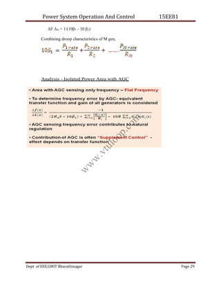 Power System Operation And Control 15EE81
Dept of EEE,GMIT Bharathinagar Page 29
∆f/ ∆A = 1/(10β1 - 10 β2)
Combining droop characteristics of M gen,
Analysis - Isolated Power Area with AGC
w
w
w
.
v
t
u
l
o
o
p
.
c
o
m
 