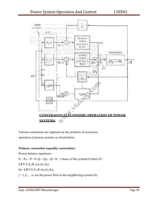 Power System Operation And Control 15EE81
Dept of EEE,GMIT Bharathinagar Page 30
CONSTRAINTS IN ECONOMIC OPERATION OF POWER
SYSTEMS:
Various constraints are imposed on the problem of economic
operation of power systems as listed below:
Primary constraints (equality constraints):
Power balance equations:
Pi - PDi - Pl =0; Qi - QDi - Ql =0; i=buses of the system(5) where,Pl=
Σ‖ViVjYij‖ cos (δij-θij);
Ql= Σ‖ViVjYij‖ sin (δij-θij);
j = 1,2,….n, are the power flow to the neighboring system.(6)
w
w
w
.
v
t
u
l
o
o
p
.
c
o
m
 