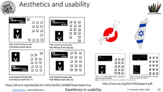 www.dadda.it roberto@dadda.it Excellence in usability 1st semester 2021-2022 12
Aesthetics and usability
http://ceur-ws.org/Vol-976/tpaper2.pdf
https://dl.acm.org/doi/abs/10.1145/223355.223680?download=true
 