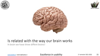 www.dadda.it roberto@dadda.it Excellence in usability 1st semester 2021-2022 15
Is related with the way our brain works
In brain we have three diffent brains!
 
