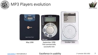 www.dadda.it roberto@dadda.it Excellence in usability 1st semester 2021-2022 7
MP3 Players evolution
May 1998 September 1998
first commercially
successful one
October 2001
 