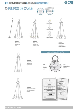 196
45º
2
20
t
t
60º
45º
2
20
t
t
60º
45º
2
20
t
t
60º
Modelo 1
Pulpo cuatro
ramales con
gazas.
Modelo 3
Pulpo cuatro
ramales con
anillas metálicas.
Modelo 2
Pulpo cuatro
ramales con
ganchos de ojo.
Modelo 4
Pulpo cuatro
ramales con
guardacabos.
Gancho de ojo
Gancho brisafe
Gancho giratorio
Nº de
ramales.
Diametro
cable.
CMU
(Carga máxima
utilizada).
L
Modelo 5
Pulpo cuatro ramales
con guardacabos y
grilletes.
MARCAJE - IDENTIFICACIÓN
45º
2
20
t
t
60º
45º
2
20
t
t
60º
45º
2
20
t
t
60º
PULPOS DE CABLE
SISTEMAS DE ELEVACIÓN ESLINGAS PULPOS DE CABLE
Calidad
 