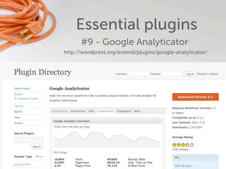 Essential plugins
      #9 - Google Analyticator
http://wordpress.org/extend/plugins/google-analyticator/
 