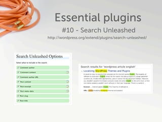 Essential plugins
       #10 - Search Unleashed
http://wordpress.org/extend/plugins/search-unleashed/
 