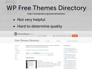 WP Free Themes Directory
         http://wordpress.org/extend/themes/


  • Not very helpful
  • Hard to determine quality
 