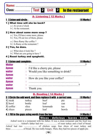 A- Listening [ 12 Marks ]
1 ] Listen and circle : [ 6 Marks ]
1 ] What time will she be back?
a } At seven o’clock
b } At the restaurant.
2 ] How about some more soup ?
a } Yes, I'll have some more, please.
b } Yes, I'll eat two of them, please.
a } Does Ramy like coffee ?
b } Is Ramy at the restaurant ?
3 ] Yes, he does.
a } What does it look like ?
b } What are you going to have ?
4 ] Roast turkey and spaghetti.
2 ] Listen and complete : [ 6 Marks ]
Waiter : ………………………………………………….?
Ayman : I’d like a cherry pie, please
waiter : Would you like something to drink?
Ayman : ………………………………………………
waiter : How do you like your coffee?
Ayman : …………………………………………….
waiter : ……………………………………………?
Ayman : Thank you.
B- Reading [ 14 Marks ]
3 ] Circle the odd word, and then replace it with a correct one: [ 6 Marks ]
1] steak turkey beef pie [...................]
2] bowl bottle loaf can [...................]
3] coffee slice lemonade tea [...................]
4] slices pieces loaf bowls [...................]
4 ] Fill in the gaps using words from the box: [ 4 Marks ]
Slices – delicious – loaves - bowls
Ashraf went to a restaurant with his father. It was a clean restaurant and the food was
....................... . Ashraf's father had two ....................... of roast turkey and a loaf of bread.
Ashraf had two ....................... of chicken soup, four slices of roast turkey and
three……….......... of bread. He was really hungry. Then, they had two pieces of apple pie.
Name: ....................................................................................
Class: ................. Test 2 Unit 2 In the restaurant
 