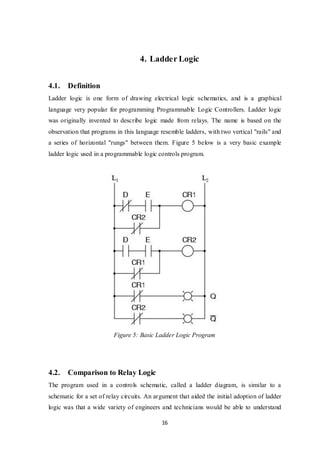 16
4. Ladder Logic
4.1. Definition
Ladder logic is one form of drawing electrical logic schematics, and is a graphical
language very popular for programming Programmable Logic Controllers. Ladder logic
was originally invented to describe logic made from relays. The name is based on the
observation that programs in this language resemble ladders, with two vertical "rails" and
a series of horizontal "rungs" between them. Figure 5 below is a very basic example
ladder logic used in a programmable logic controls program.
Figure 5: Basic Ladder Logic Program
4.2. Comparison to Relay Logic
The program used in a controls schematic, called a ladder diagram, is similar to a
schematic for a set of relay circuits. An argument that aided the initial adoption of ladder
logic was that a wide variety of engineers and technicians would be able to understand
 