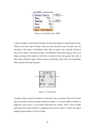 24
Figure 14: On-Delay Timer (RTO)
A timer is simply a control block that takes an input and changes an output based on time.
There are two basic types of timers. There are other advanced timers, but they won’t be
discussed in this report. An On-Delay Timer takes an input, waits a specific amount of
time, allows logic to flow after the delay. An Off-Delay Timer allows logic to flow to an
output and keeps that output true until the set amount of time has passed, then turns it
false, hence off-delay. Figure 14 above shows an On-Delay Timer with a 10 second delay
before it passes the logic through it.
Figure 15: Up Counter
A counter simply counts the number of events that occur on an input. There are two basic
types of counters called up counters and down counters. As its name implies, whenever a
triggering event occurs, an up counter increments the counter, while a down counter
decrements the counter whenever a triggering event occurs. Figure 15 shows the typical
graphical representation of an Up Counter.
 