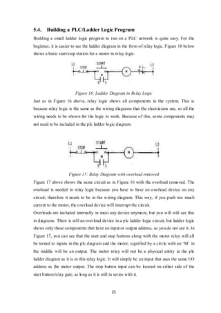 25
5.4. Building a PLC/Ladder Logic Program
Building a small ladder logic program to run on a PLC network is quite easy. For the
beginner, it is easier to see the ladder diagram in the form of relay logic. Figure 16 below
shows a basic start/stop station for a motor in relay logic.
Figure 16: Ladder Diagram in Relay Logic
Just as in Figure 16 above, relay logic shows all components in the system. This is
because relay logic is the same as the wiring diagrams that the electricians use, so all the
wiring needs to be shown for the logic to work. Because of this, some components may
not need to be included in the plc ladder logic diagram.
Figure 17: Relay Diagram with overload removed
Figure 17 above shows the same circuit as in Figure 16 with the overload removed. The
overload is needed in relay logic because you have to have an overload device on any
circuit; therefore it needs to be in the wiring diagram. This way, if you push too much
current to the motor, the overload device will interrupt the circuit.
Overloads are included internally in most any device anymore, but you will still see this
in diagrams. There is still an overload device in a plc ladder logic circuit, but ladder logic
shows only those components that have an input or output address, so you do not see it. In
Figure 17, you can see that the start and stop buttons along with the motor relay will all
be turned to inputs in the plc diagram and the motor, signified by a circle with an ‘M’ in
the middle will be an output. The motor relay will not be a physical entity in the plc
ladder diagram as it is in this relay logic. It will simply be an input that uses the same I/O
address as the motor output. The stop button input can be located on either side of the
start button/relay gate, as long as it is still in series with it.
 