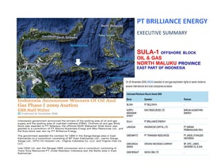 PT BRILLIANCE ENERGY
EXECUTIVE SUMMARY
SULA-1 OFFSHORE BLOCK
OIL & GAS
NORTH MALUKU PROVINCE
EAST PART OF INDONESIA
 