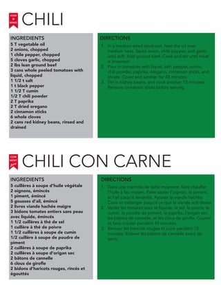 CHILI CON CARNE
5 T vegetable oil
2 onions, chopped
1 chile pepper, chopped
5 cloves garlic, chopped
2 lbs lean ground beef
3 cans whole peeled tomatoes with
liquid, chopped
1 1/2 t salt
1 t black pepper
1 1/2 T cumin
1/2 T chili powder
2 T paprika
2 T dried oregano
2 cinnamon sticks
6 whole cloves
2 cans red kidney beans, rinsed and
drained
INGREDIENTS
1. In a medium sized stock pot, heat the oil over
medium heat. Sauté onion, chile pepper, and garlic
until soft. Add ground beef. Cook and stir until meat
is browned.
2. Pour in tomatoes with liquid, salt, pepper, cumin,
chili powder, paprika, oregano, cinnamon sticks, and
cloves. Cover and simmer for 45 minutes.
3. Stir in kidney beans, and cook another 15 minutes.
Remove cinnamon sticks before serving.
5 cuillères à soupe d’huile végétale
2 oignons, émincés
1 piment, émincé
5 gousses d’ail, émincé
2 livres viande hachée maigre
3 bidons tomates entiers sans peau
avec liquide, émincés
1 1/2 cuillères à thé de sel
1 cuillère à thé de poivre
1 1/2 cuillères à soupe de cumin
1/2 cuillère à soupe de poudre de
piment
2 cuillères à soupe de paprika
2 cuillères à soupe d’origan sec
2 bâtons de cannelle
6 clous de girofle
2 bidons d’haricots rouges, rincés et
égouttés
1. Dans une marmite de taille moyenne, faire chauffer
l’huile à feu moyen. Faire sauter l’oignon, le piment,
et l’ail jusqu’à tendreté. Ajouter la viande hachée.
Cuire et mélanger jusqu’à ce que la viande soit dorée.
2. Verser les tomates avec le liquide, le sel, le poivre, le
cumin, la poudre de piment, le paprika, l’origan sec,
les bâtons de cannelle, et les clous de girofle. Couvrir
et faire mijoter pendant 45 minutes.
3. Remuer les haricots rouges et cuire pendant 15
minutes. Enlever les bâtons de cannelle avant de
servir.
DIRECTIONS
HOW
to
MAKE
INGREDIENTS DIRECTIONS
COM
faire
MENT
CHILI
 