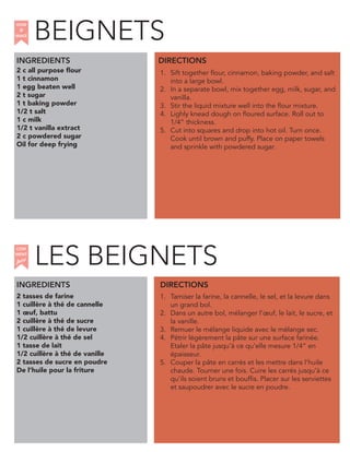 2 c all purpose flour
1 t cinnamon
1 egg beaten well
2 t sugar
1 t baking powder
1/2 t salt
1 c milk
1/2 t vanilla extract
2 c powdered sugar
Oil for deep frying
INGREDIENTS
1. Sift together flour, cinnamon, baking powder, and salt
into a large bowl.
2. In a separate bowl, mix together egg, milk, sugar, and
vanilla.
3. Stir the liquid mixture well into the flour mixture.
4. Lighly knead dough on floured surface. Roll out to
1/4” thickness.
5. Cut into squares and drop into hot oil. Turn once.
Cook until brown and puffy. Place on paper towels
and sprinkle with powdered sugar.
2 tasses de farine
1 cuillère à thé de cannelle
1 œuf, battu
2 cuillère à thé de sucre
1 cuillère à thé de levure
1/2 cuillère à thé de sel
1 tasse de lait
1/2 cuillère à thé de vanille
2 tasses de sucre en poudre
De l’huile pour la friture
1. Tamiser la farine, la cannelle, le sel, et la levure dans
un grand bol.
2. Dans un autre bol, mélanger l’œuf, le lait, le sucre, et
la vanille.
3. Remuer le mélange liquide avec le mélange sec.
4. Pétrir légèrement la pâte sur une surface farinée.
Etaler la pâte jusqu’à ce qu’elle mesure 1/4” en
épaisseur.
5. Couper la pâte en carrés et les mettre dans l’huile
chaude. Tourner une fois. Cuire les carrés jusqu’à ce
qu’ils soient bruns et bouffis. Placer sur les serviettes
et saupoudrer avec le sucre en poudre.
DIRECTIONS
HOW
to
MAKE
INGREDIENTS DIRECTIONS
COM
faire
MENT
BEIGNETS
LES BEIGNETS
 