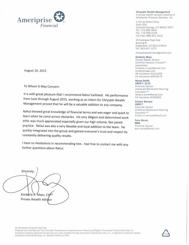 financial advisor recommendation letter