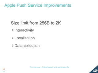Size limit from 256B to 2K
Interactivity
Localization
Data collection
Apple Push Service Improvements
For reference – Android support is 4k and Amazon 6k
 