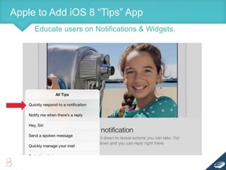 Apple to Add iOS 8 “Tips” App
Educate users on Notifications & Widgets.
 