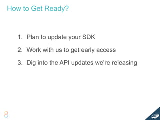 1. Plan to update your SDK
2. Work with us to get early access
3. Dig into the API updates we’re releasing
How to Get Ready?
 
