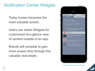Notification Center Widgets
Today screen becomes the
most valuable screen.
Users can select Widgets for
customized at-a-glance view
of content outside of an app.
Brands will compete to gain
more screen time through this
valuable real-estate .
iOS 8 Message Center Widget
 