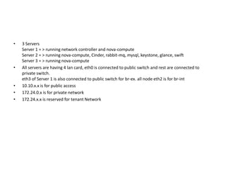 •   3 Servers
    Server 1 = > running network controller and nova-compute
    Server 2 = > running nova-compute, Cinder, rabbit-mq, mysql, keystone, glance, swift
    Server 3 = > running nova-compute
•   All servers are having 4 lan card, eth0 is connected to public switch and rest are connected to
    private switch.
    eth3 of Server 1 is also connected to public switch for br-ex. all node eth2 is for br-int
•   10.10.x.x is for public access
•   172.24.0.x is for private network
•   172.24.x.x is reserved for tenant Network
 
