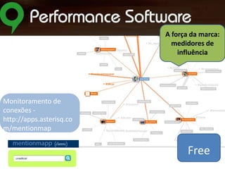 A força da marca:
medidores de
influência

Monitoramento de
conexões http://apps.asterisq.co
m/mentionmap

Free

 