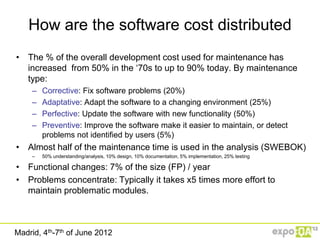 How are the software cost distributed
• The % of the overall development cost used for maintenance has
  increased from 50% in the „70s to up to 90% today. By maintenance
  type:
     –   Corrective: Fix software problems (20%)
     –   Adaptative: Adapt the software to a changing environment (25%)
     –   Perfective: Update the software with new functionality (50%)
     –   Preventive: Improve the software make it easier to maintain, or detect
         problems not identified by users (5%)
• Almost half of the maintenance time is used in the analysis (SWEBOK)
     –   50% understanding/analysis, 10% design, 10% documentation, 5% implementation, 25% testing

• Functional changes: 7% of the size (FP) / year
• Problems concentrate: Typically it takes x5 times more effort to
  maintain problematic modules.



Madrid, 4th-7th of June 2012
 