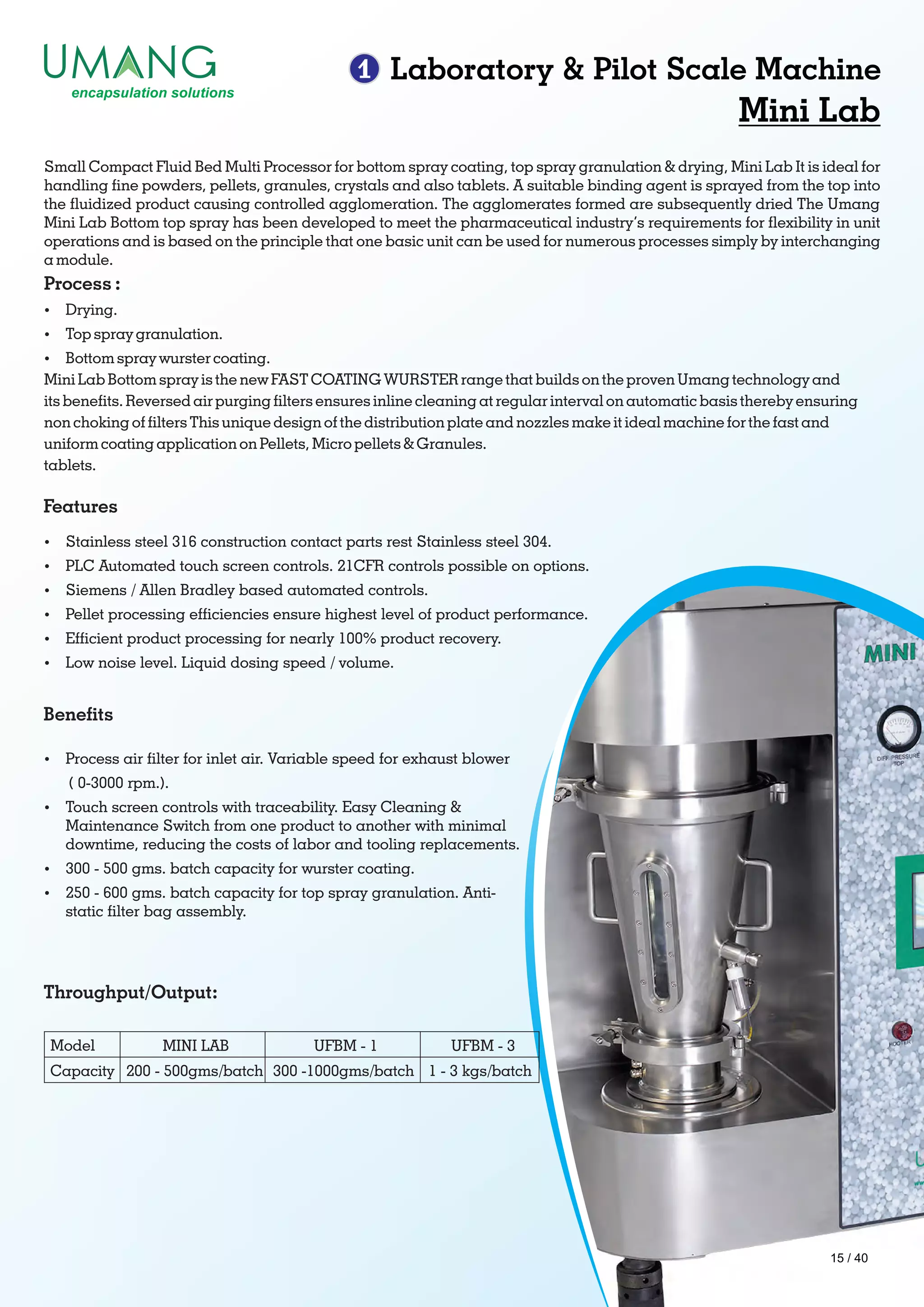 1 Laboratory & Pilot Scale Machine
Throughput/Output:
Mini Lab
Small Compact Fluid Bed Multi Processor for bottom spray coating, top spray granulation & drying, Mini Lab It is ideal for
handling ne powders, pellets, granules, crystals and also tablets. A suitable binding agent is sprayed from the top into
the uidized product causing controlled agglomeration. The agglomerates formed are subsequently dried The Umang
Mini Lab Bottom top spray has been developed to meet the pharmaceutical industry’s requirements for exibility in unit
operations and is based on the principle that one basic unit can be used for numerous processes simply by interchanging
a module.
Process :
Ÿ Drying.
Ÿ Top spray granulation.
Ÿ Bottom spray wurster coating.
Mini Lab Bottom spray is the new FAST COATING WURSTER range that builds on the proven Umang technology and
its benets. Reversed air purging lters ensures inline cleaning at regular interval on automatic basis thereby ensuring
non choking of lters This unique design of the distribution plate and nozzles make it ideal machine for the fast and
uniform coating application on Pellets, Micro pellets & Granules.
tablets.
Ÿ Stainless steel 316 construction contact parts rest Stainless steel 304.
Ÿ PLC Automated touch screen controls. 21CFR controls possible on options.
Ÿ Siemens / Allen Bradley based automated controls.
Ÿ Pellet processing efciencies ensure highest level of product performance.
Ÿ Efcient product processing for nearly 100% product recovery.
Ÿ Low noise level. Liquid dosing speed / volume.
Features
Ÿ Process air lter for inlet air. Variable speed for exhaust blower
( 0-3000 rpm.).
Ÿ Touch screen controls with traceability. Easy Cleaning &
Maintenance Switch from one product to another with minimal
downtime, reducing the costs of labor and tooling replacements.
Ÿ 300 - 500 gms. batch capacity for wurster coating.
Ÿ 250 - 600 gms. batch capacity for top spray granulation. Anti-
static lter bag assembly.
Benets
Model
Capacity
MINI LAB
200 - 500gms/batch
UFBM - 1
300 -1000gms/batch
UFBM - 3
1 - 3 kgs/batch
15 / 40
 