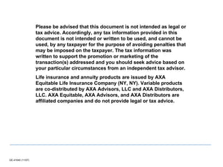 Please be advised that this document is not intended as legal or tax advice. Accordingly, any tax information provided in this document is not intended or written to be used, and cannot be used, by any taxpayer for the purpose of avoiding penalties that may be imposed on the taxpayer. The tax information was written to support the promotion or marketing of the transaction(s) addressed and you should seek advice based on your particular circumstances from an independent tax advisor. Life insurance and annuity products are issued by AXA Equitable Life Insurance Company (NY, NY). Variable products are co-distributed by AXA Advisors, LLC and AXA Distributors, LLC. AXA Equitable, AXA Advisors, and AXA Distributors are affiliated companies and do not provide legal or tax advice. 