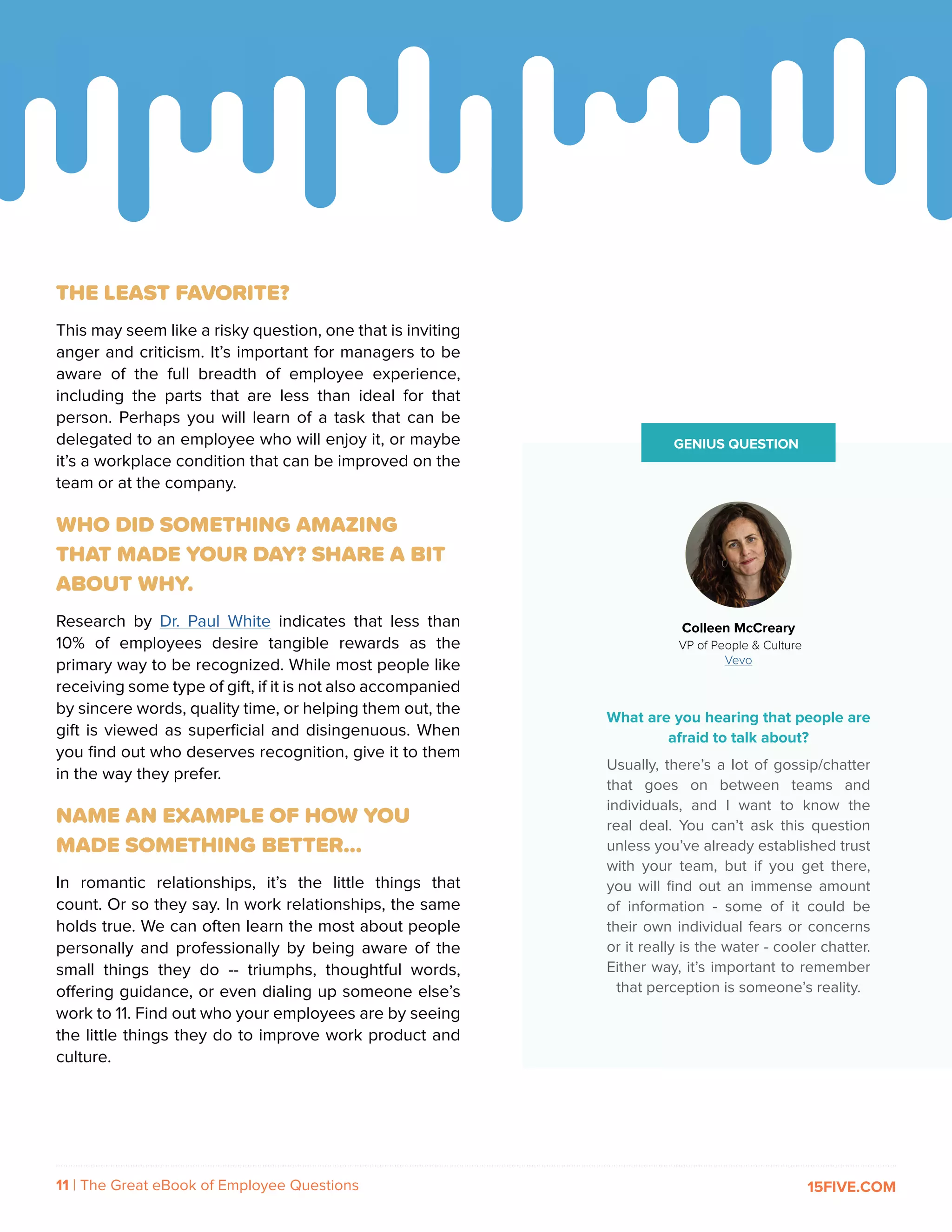 11 | The Great eBook of Employee Questions 15FIVE.COM
THE LEAST FAVORITE?
This may seem like a risky question, one that is inviting
anger and criticism. It’s important for managers to be
aware of the full breadth of employee experience,
including the parts that are less than ideal for that
person. Perhaps you will learn of a task that can be
delegated to an employee who will enjoy it, or maybe
it’s a workplace condition that can be improved on the
team or at the company.
WHO DID SOMETHING AMAZING
THAT MADE YOUR DAY? SHARE A BIT
ABOUT WHY.
Research by Dr. Paul White indicates that less than
10% of employees desire tangible rewards as the
primary way to be recognized. While most people like
receiving some type of gift, if it is not also accompanied
by sincere words, quality time, or helping them out, the
gift is viewed as superficial and disingenuous. When
you find out who deserves recognition, give it to them
in the way they prefer.
NAME AN EXAMPLE OF HOW YOU
MADE SOMETHING BETTER…
In romantic relationships, it’s the little things that
count. Or so they say. In work relationships, the same
holds true. We can often learn the most about people
personally and professionally by being aware of the
small things they do -- triumphs, thoughtful words,
offering guidance, or even dialing up someone else’s
work to 11. Find out who your employees are by seeing
the little things they do to improve work product and
culture.
GENIUS QUESTION
What are you hearing that people are
afraid to talk about?
Usually, there’s a lot of gossip/chatter
that goes on between teams and
individuals, and I want to know the
real deal. You can’t ask this question
unless you’ve already established trust
with your team, but if you get there,
you will find out an immense amount
of information - some of it could be
their own individual fears or concerns
or it really is the water - cooler chatter.
Either way, it’s important to remember
that perception is someone’s reality.
Colleen McCreary
VP of People & Culture
Vevo
 