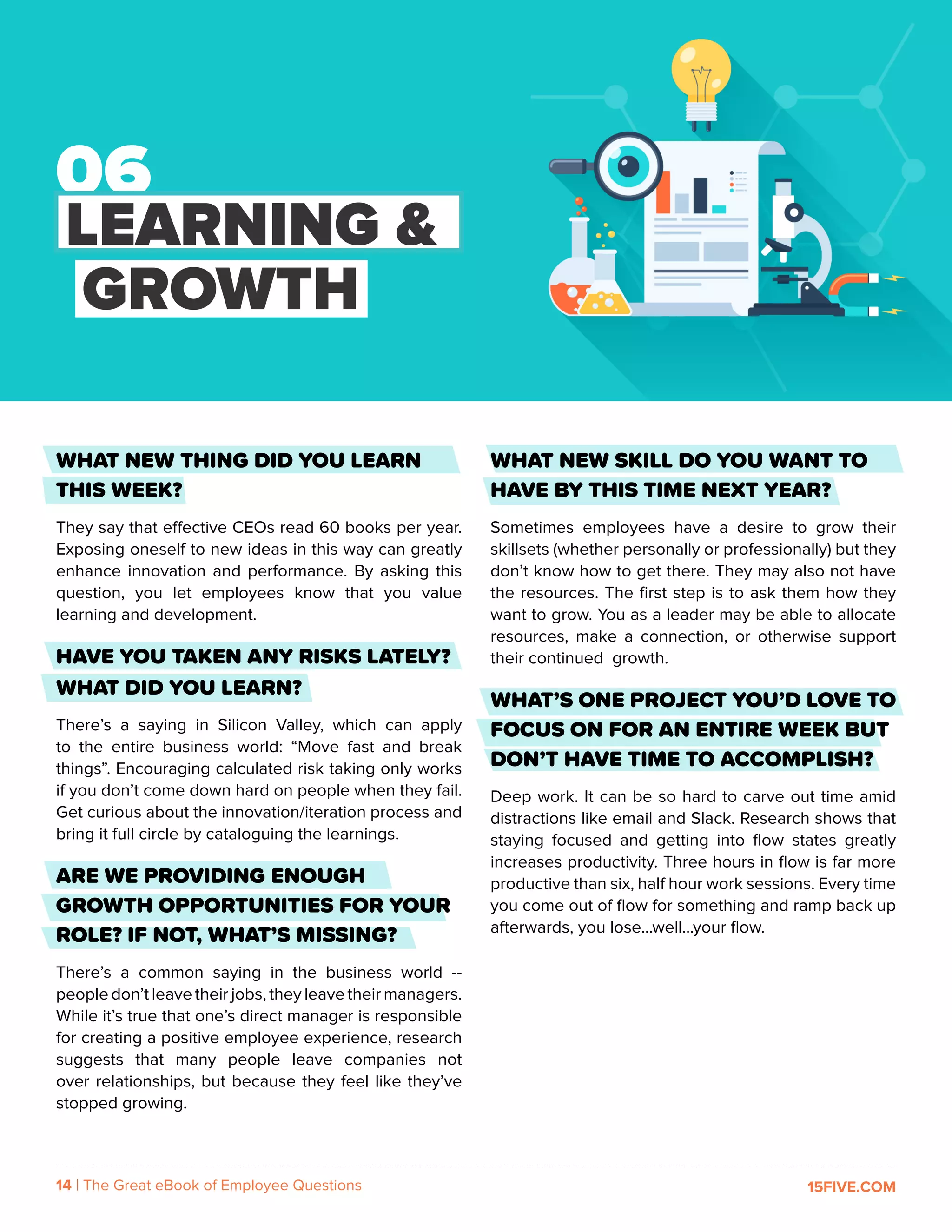 14 | The Great eBook of Employee Questions 15FIVE.COM
WHAT NEW THING DID YOU LEARN
THIS WEEK?
They say that effective CEOs read 60 books per year.
Exposing oneself to new ideas in this way can greatly
enhance innovation and performance. By asking this
question, you let employees know that you value
learning and development.
HAVE YOU TAKEN ANY RISKS LATELY?
WHAT DID YOU LEARN?
There’s a saying in Silicon Valley, which can apply
to the entire business world: “Move fast and break
things”. Encouraging calculated risk taking only works
if you don’t come down hard on people when they fail.
Get curious about the innovation/iteration process and
bring it full circle by cataloguing the learnings.
ARE WE PROVIDING ENOUGH
GROWTH OPPORTUNITIES FOR YOUR
ROLE? IF NOT, WHAT’S MISSING?
There’s a common saying in the business world --
people don’t leave their jobs, they leave their managers.
While it’s true that one’s direct manager is responsible
for creating a positive employee experience, research
suggests that many people leave companies not
over relationships, but because they feel like they’ve
stopped growing.
WHAT NEW SKILL DO YOU WANT TO
HAVE BY THIS TIME NEXT YEAR?
Sometimes employees have a desire to grow their
skillsets (whether personally or professionally) but they
don’t know how to get there. They may also not have
the resources. The first step is to ask them how they
want to grow. You as a leader may be able to allocate
resources, make a connection, or otherwise support
their continued growth.
WHAT’S ONE PROJECT YOU’D LOVE TO
FOCUS ON FOR AN ENTIRE WEEK BUT
DON’T HAVE TIME TO ACCOMPLISH?
Deep work. It can be so hard to carve out time amid
distractions like email and Slack. Research shows that
staying focused and getting into flow states greatly
increases productivity. Three hours in flow is far more
productive than six, half hour work sessions. Every time
you come out of flow for something and ramp back up
afterwards, you lose…well…your flow.
LEARNING &
GROWTH
 