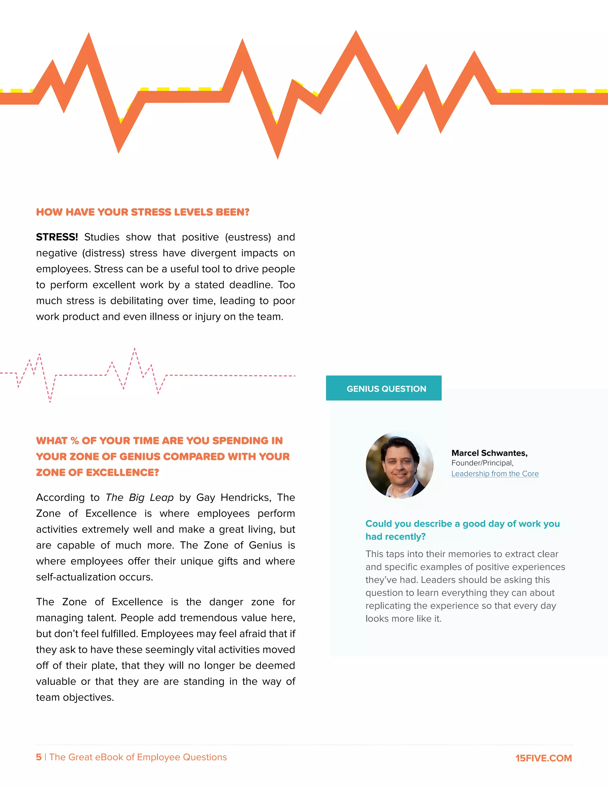 5 | The Great eBook of Employee Questions 15FIVE.COM
GENIUS QUESTION
Could you describe a good day of work you
had recently?
This taps into their memories to extract clear
and specific examples of positive experiences
they’ve had. Leaders should be asking this
question to learn everything they can about
replicating the experience so that every day
looks more like it.
Marcel Schwantes,
Founder/Principal,
Leadership from the Core
HOW HAVE YOUR STRESS LEVELS BEEN?
STRESS! Studies show that positive (eustress) and
negative (distress) stress have divergent impacts on
employees. Stress can be a useful tool to drive people
to perform excellent work by a stated deadline. Too
much stress is debilitating over time, leading to poor
work product and even illness or injury on the team.
WHAT % OF YOUR TIME ARE YOU SPENDING IN
YOUR ZONE OF GENIUS COMPARED WITH YOUR
ZONE OF EXCELLENCE?
According to The Big Leap by Gay Hendricks, The
Zone of Excellence is where employees perform
activities extremely well and make a great living, but
are capable of much more. The Zone of Genius is
where employees offer their unique gifts and where
self-actualization occurs.
The Zone of Excellence is the danger zone for
managing talent. People add tremendous value here,
but don’t feel fulfilled. Employees may feel afraid that if
they ask to have these seemingly vital activities moved
off of their plate, that they will no longer be deemed
valuable or that they are are standing in the way of
team objectives.
 