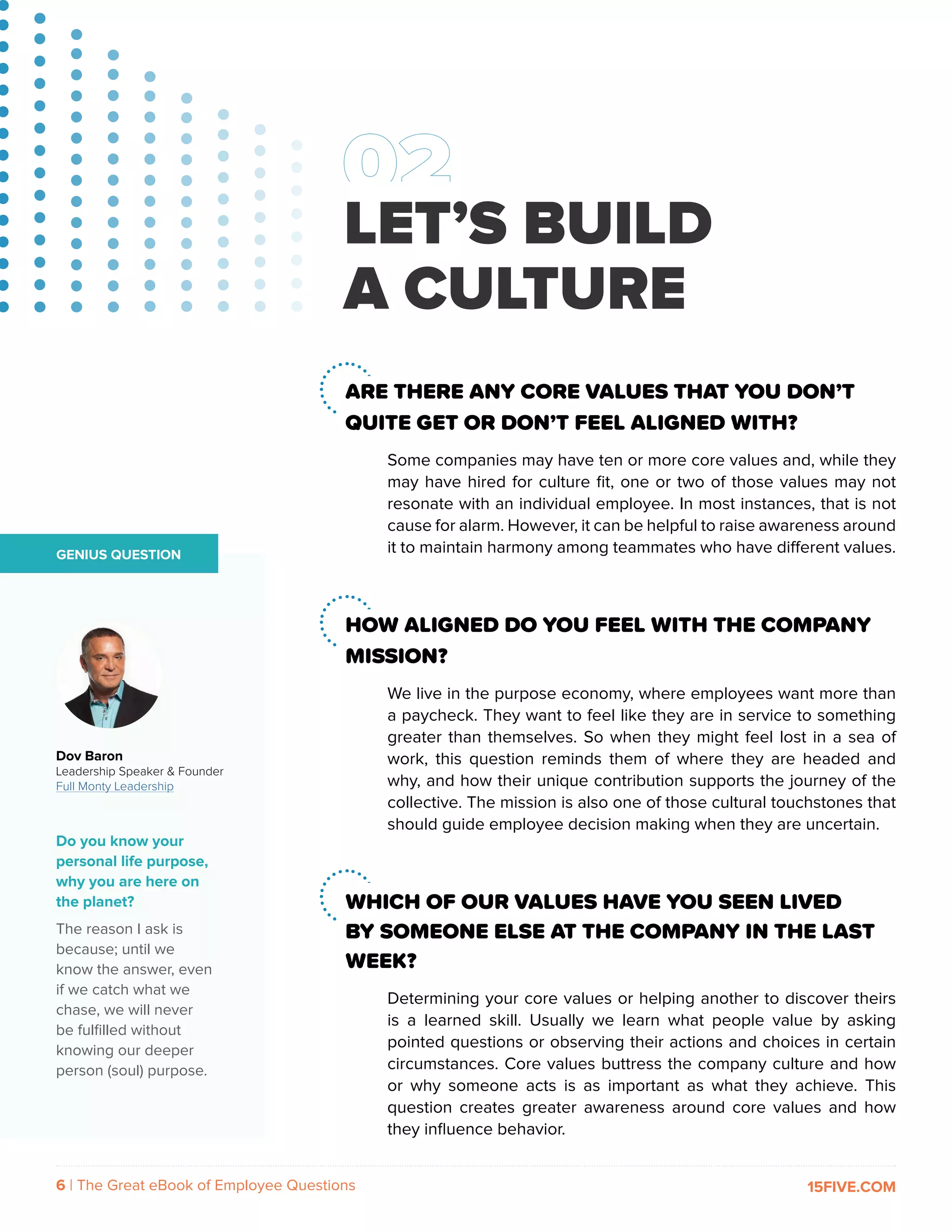 6 | The Great eBook of Employee Questions 15FIVE.COM
ARE THERE ANY CORE VALUES THAT YOU DON’T
QUITE GET OR DON’T FEEL ALIGNED WITH?
Some companies may have ten or more core values and, while they
may have hired for culture fit, one or two of those values may not
resonate with an individual employee. In most instances, that is not
cause for alarm. However, it can be helpful to raise awareness around
it to maintain harmony among teammates who have different values.
HOW ALIGNED DO YOU FEEL WITH THE COMPANY
MISSION?
We live in the purpose economy, where employees want more than
a paycheck. They want to feel like they are in service to something
greater than themselves. So when they might feel lost in a sea of
work, this question reminds them of where they are headed and
why, and how their unique contribution supports the journey of the
collective. The mission is also one of those cultural touchstones that
should guide employee decision making when they are uncertain.
WHICH OF OUR VALUES HAVE YOU SEEN LIVED
BY SOMEONE ELSE AT THE COMPANY IN THE LAST
WEEK?
Determining your core values or helping another to discover theirs
is a learned skill. Usually we learn what people value by asking
pointed questions or observing their actions and choices in certain
circumstances. Core values buttress the company culture and how
or why someone acts is as important as what they achieve. This
question creates greater awareness around core values and how
they influence behavior.
GENIUS QUESTION
Do you know your
personal life purpose,
why you are here on
the planet?
The reason I ask is
because; until we
know the answer, even
if we catch what we
chase, we will never
be fulfilled without
knowing our deeper
person (soul) purpose.
Dov Baron
Leadership Speaker & Founder
Full Monty Leadership
LET’S BUILD
A CULTURE
 