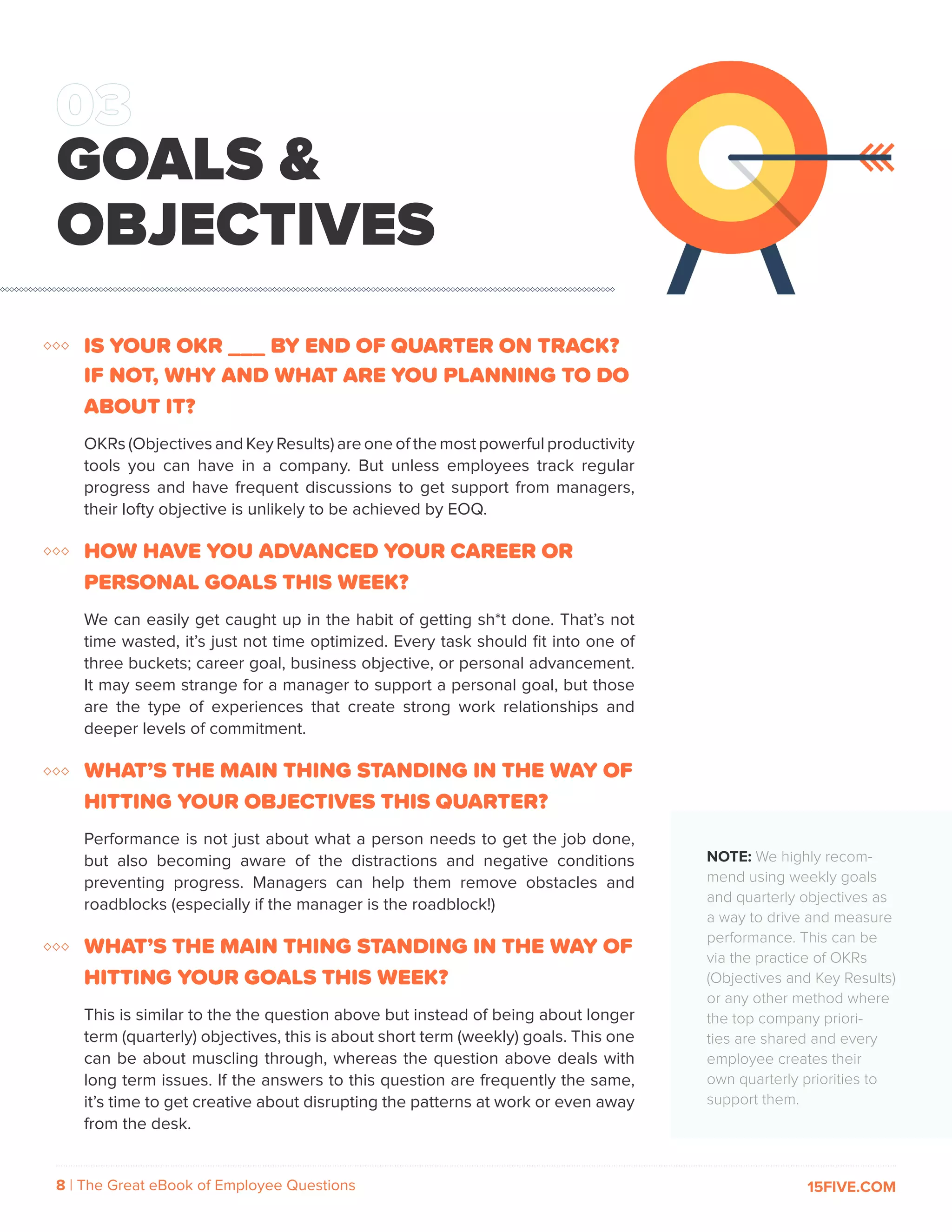 8 | The Great eBook of Employee Questions 15FIVE.COM
IS YOUR OKR ___ BY END OF QUARTER ON TRACK?
IF NOT, WHY AND WHAT ARE YOU PLANNING TO DO
ABOUT IT?
OKRs (Objectives and Key Results) are one of the most powerful productivity
tools you can have in a company. But unless employees track regular
progress and have frequent discussions to get support from managers,
their lofty objective is unlikely to be achieved by EOQ.
HOW HAVE YOU ADVANCED YOUR CAREER OR
PERSONAL GOALS THIS WEEK?
We can easily get caught up in the habit of getting sh*t done. That’s not
time wasted, it’s just not time optimized. Every task should fit into one of
three buckets; career goal, business objective, or personal advancement.
It may seem strange for a manager to support a personal goal, but those
are the type of experiences that create strong work relationships and
deeper levels of commitment.
WHAT’S THE MAIN THING STANDING IN THE WAY OF
HITTING YOUR OBJECTIVES THIS QUARTER?
Performance is not just about what a person needs to get the job done,
but also becoming aware of the distractions and negative conditions
preventing progress. Managers can help them remove obstacles and
roadblocks (especially if the manager is the roadblock!)
WHAT’S THE MAIN THING STANDING IN THE WAY OF
HITTING YOUR GOALS THIS WEEK?
This is similar to the the question above but instead of being about longer
term (quarterly) objectives, this is about short term (weekly) goals. This one
can be about muscling through, whereas the question above deals with
long term issues. If the answers to this question are frequently the same,
it’s time to get creative about disrupting the patterns at work or even away
from the desk.
NOTE: We highly recom-
mend using weekly goals
and quarterly objectives as
a way to drive and measure
performance. This can be
via the practice of OKRs
(Objectives and Key Results)
or any other method where
the top company priori-
ties are shared and every
employee creates their
own quarterly priorities to
support them.
GOALS &
OBJECTIVES
 