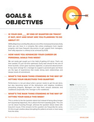 8 | The Great eBook of Employee Questions 15FIVE.COM
IS YOUR OKR ___ BY END OF QUARTER ON TRACK?
IF NOT, WHY AND WHAT ARE ...