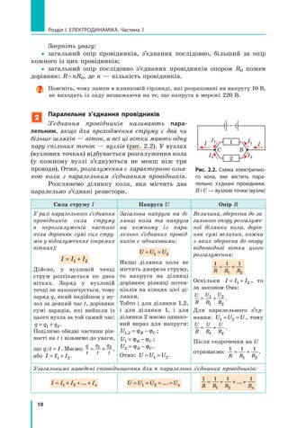 10
Розділ I. Електродинаміка. Частина 1
Зверніть увагу:
yy загальний опір провідників, з’єднаних послідовно, більший за опір
кожного із цих провідників;
yy загальний опір послідовно з’єднаних провідників опором R0 кожен
дорівнює: R = nR0, де n — кількість провідників.
Поясніть, чому лампи в ялинковій гірлянді, які розраховані на напругу 10 В,
не виходять із ладу незважаючи на те, що напруга в мережі 220 В.
2
Паралельне з’єднання провідників
З’єднання провідників називають пара-
лельним, якщо для проходження струму є два чи
більше шляхів — віток, а всі ці вітки мають одну
пару спільних точок — вузлів (рис. 2.2). У вузлах
(вузлових точках) відбувається розгалуження кола
(у  кожному вузлі з’єднуються не менш ніж три
проводи). Отже, розгалуження є характерною озна­
кою кола з паралельним з’єднанням провідників.
Розглянемо ділянку кола, яка містить два
паралельно з’єднані резистори.
Сила струму I Напруга U Опір R
У разі паралельного з’єд­нан­ня
провідників сила струму
в  нерозгалуженій частині
кола дорівнює сумі сил стру­
мів у відгалуженнях (окремих
вітках):
I I I= +1 2
Дійсно, у вузловій точці
струм розтікається по двох
вітках. Заряд у  вузловій
точці не накопичується, тому
заряд q, який наді­йшов у ву-
зол за деякий час t, дорівнює
сумі зарядів, які вийшли із
цього вузла за той самий час:
q q q= +1 2.
Поділимо обидві частини рів-
ності на t і візьмемо до уваги,
що q t I/ = . Маємо:
q
t
q
t
q
t
= +1 2
,
або I I I= +1 2.
Загальна напруга на ді­
лянці кола та напруга
на кожному із пара­
лельно з’єднаних провід­
ників є однаковими:
U U U= =1 2
Якщо ділянка кола не
містить джерела струму,
то напруга на ділянці
дорівнює різниці потен-
ціалів на кінцях цієї ді-
лянки.
Тобто і для ділянки 1,2,
і  для ділянки  1, і  для
ділянки 2 маємо однако-
вий вираз для напруги:
U B C1 2, = −ϕ ϕ ;
U B C1 = −ϕ ϕ ;
U B C2 = −ϕ ϕ .
Отже: U U U= =1 2.
Величина, обернена до за­
гального опору розгалуже­
ної ділянки кола, дорів­
нює сумі величин, кожна
з яких обернена до опору
відповідної віт­ки цього
розгалуження:
1 1 1
1 2R R R
= +
Оскільки I I I= +1 2 , то
за законом Ома:
U
R
U
R
U
R
= +1
1
2
2
.
Для паралельного з’єд­
нання: U U U1 2= = , тому
U
R
U
R
U
R
= +
1 2
.
Після скорочення на U
отримаємо:
1 1 1
1 2R R R
= + .
Узагальнимо наведені співвідношення для n паралельно з’єднаних провідників:
I I I In= + + +1 2 ... U U U Un= = = =1 2 ...
1 1 1 1
1 2R R R Rn
= + + +...
С B
I
I1I
I1
I2I2
2
1
Рис. 2.2. Схема електрично-
го кола, яке містить пара-
лельно з’єднані провідники.
В і С — вузлові точки (вузли)
 