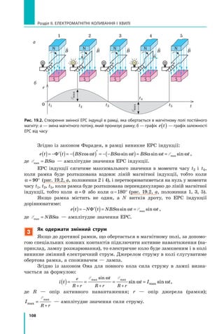 108
Розділ II. ЕЛЕКТРОМАГНІТНІ КОЛИВАННЯ І ХВИЛІ
Згідно із законом Фарадея, в рамці виникне ЕРС індукції:
e t t BS t BS t BS t t( )= − ′( )= −( )′ = − −( )= =Φ cos sin sin sinmaxω ω ω ω ω ωÅ ,
де Åmax = BSω — амплітудне значення ЕРС індукції.
ЕРС індукції сягатиме максимального значення в моменти часу t2 і  t4,
коли рамка буде розташована вздовж ліній магнітної індукції, тобто коли
α = °90 (рис. 19.2, а, положення 2 і 4), і перетворюватиметься на нуль у моменти
часу t1, t3, t5, коли рамка буде розташована перпендикулярно до ліній магнітної
індукції, тобто коли α = 0 або коли a = 180° (рис. 19.2, а, положення 1, 3, 5).
Якщо рамка містить не один, а N витків дроту, то ЕРС індукції
дорівнюватиме:
e t N t NBS t t( )= − ′( )= =Φ ω ω ωsin sinmaxÅ ,
де Åmax = NBSω — амплітудне значення ЕРС.
3
Як одержати змінний струм
Якщо до дротяної рамки, що обертається в магнітному полі, за допомо­
гою спеціальних ковзних контактів підключити активне навантаження (на­
приклад, лампу розжарювання), то електричне коло буде замкненим і в колі
виникне змінний електричний струм. Джерелом струму в колі слугуватиме
обертова рамка, а споживачем — лампа.
Згідно із законом Ома для повного кола сила струму в лампі визна­
чається за формулою:
i t t I t
e
R r
t
R r R r
( )= = = =
+ + +
Å Åmax maxsin
sin sinmax
ω
ω ω ,
де R — опір активного навантаження; r — опір джерела (рамки);
I
R r
max
max
=
+
Å
— амплітудне значення сили струму.
Рис. 19.2. Створення змінної ЕРС індукції в рамці, яка обертається в магнітному полі постійного
магніту: а — зміна магнітного потоку, який пронизує рамку; б — графік e t( ) — графік залежності
ЕРС від часу
S
1
S
N
2
N
S
3
N
S
N
4
S
5
N
BB
0
e
t1 t3 t5
t4
t2
Emax
Emax
t
а
б
BBB 
n

n
 