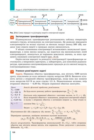 120
Розділ II. ЕЛЕКТРОМАГНІТНІ КОЛИВАННЯ І ХВИЛІ
6
застосування трансформаторів
Підвищувальні трансформатори розташовують поблизу генераторів
змінного струму, встановлених на електростанціях. Це дозволяє передавати
електроенергію на великі відстані за високих напруг (понад 500 кВ), зав­
дяки чому втрати енергії в проводах значно зменшуються.
У місцях споживання електроенергії встановлюють знижувальні транс­
форматори, в яких висока напруга, що подається від високовольтних ліній
електропередачі, знижується до порівняно невеликих значень, за яких пра­
цюють споживачі електричної енергії (рис. 21.4).
Окрім систем передачі та розподілу електроенергії трансформатори за­
стосовують у випрямних пристроях, у лабораторіях, для живлення радіоапа­
ратури, приєднання електровимірювальних приладів до кіл високої напруги,
електрозварювання тощо.
7
учимося розв’язувати задачі
задача. Первинна обмотка трансформатора, яка містить 1500 витків
дроту, підключена до кола змінного струму напругою 220 В. Визначте кіль­
кість витків у вторинній обмотці трансформатора, якщо вона має живити
коло напругою 6,3 В за сили струму 1,5 А. Навантаження активне, опір
вторинної обмотки — 0,20 Ом. Опором первинної обмотки знехтуйте.
Дано:
N1N1N 1500=
U1U1U 220= В
U2U2U 6 3= ,6 3,6 3 В
I2I2I 1 5= ,1 5,1 5 А
r2r2r 0 20= ,0 2,0 2 Ом
Аналіз фізичної проблеми, розв’язання.
За будь­якого режиму роботи трансформатора
N
N
1
2
1
2
=
E1E1
E2E2
(1).
Оскільки опір первинної обмотки є нехтовно малим, то U1 1U1 1U =1 1=1 1E1 1E1 1 (2).
Коло вторинної обмотки є замкненим, джерелом електричної енергії
в ньому є вторинна обмотка з активним опором r2, тому згідно із
законом Ома I
R r2I2I
2
2R r2R r
=
R r+R r
E2E2
.
Звідси E2 2E2 2E 2 2 2 2 2 2 2= +2 2= +2 2 ( )2 2( )2 2= +( )= + = +2 2= +2 2 = +2 2= +2 2I R2 2I R2 2= +I R= +2 2= +2 2I R2 2I R= +2 2 ( )I R( )= +( )= +I R= +I R( )= + r I2 2r I2 2( )r I( )2 2( )2 2r I2 2r I( )2 2= +r I= +2 2= +2 2r I2 2r I= +2 2R I2 2R I2 2= +R I= + r U2 2r U2 2 2 2r U2 2= +r U= +2 2= +2 2r U2 2r U= +2 2I r2 2I r2 2 2I r2 (3).
N2 — ?
Підставивши (2) і (3) у формулу (1), маємо:
N
N
U
U I r
U I r
U
N N1
2
1U1U
2 2U I2 2U I 2r2r
2 2U I2 2U I 2r2r
1U1U2 1N N2 1N N= ⇒= ⇒1
= ⇒1
N N=N NN N2 1N N=N N=2 1N N
U I+U IU I2 2U I+U I+2 2U I
U I+U IU I2 2U I+U I+2 2U I
.
Перевіримо одиницю, знайдемо значення шуканої величини:
2 1[ ]N[ ]N2[ ]2N2N[ ]N[ ]2N = == = =
+ ⋅ + ⋅В А+ ⋅В А+ ⋅ Ом
В
В А+ ⋅В А+ ⋅ В / А
В
; N2N2N =
( )
=
+ ⋅1500 6 3 1 5+ ⋅1 5+ ⋅0 20
220
45
, ,+ ⋅, ,+ ⋅6 3, ,6 3 1 5, ,1 5+ ⋅1 5+ ⋅, ,+ ⋅, ,1 5+ ⋅ ,0 2,0 2
.
Аналіз результатів. Трансформатор знижувальний ( )U U( )U U1 2( )1 2U U1 2U U( )U U( )1 2U UU UU U( )U U( )U UU U1 2U UU U1 2U U( )U U( )1 2( )1 2U U( )U U( )1 2U U , тобто вторинна
обмотка має містити менше витків, ніж первинна. Отже, результат є реальним.
Відповідь: N2N2N 45= .
рис. 21.4. Схема передачі та розподілу енергії в електричній мережі
220В
Підвищувальний
трансформатор
Знижувальний
трансформатор
Знижувальний
трансформатор
Знижувальний
трансформатор
Гене-
ратор
220В
220В
220В
11кВ 110кВ
6кВ
6кВ
35кВ
35кВ
 