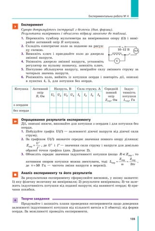 135
Експериментальна робота № 4

Експеримент
Суворо дотримуйтесь інструкції з безпеки (див. форзац).
Результати вимірювань і обчислень відразу заносьте до таблиці.
1.	 Перемкніть тумблер мультиметра на вимірювання опору (Ω) і вимі­
ряйте активний опір R котушки.
2.	 Складіть електричне коло за поданою на рисун­
ку схемою.
3.	 Вимкніть ключ і приєднайте коло до джерела
змінної напруги.
4.	 Увімкніть джерело змінної напруги, установіть
регулятор на нульову позначку, замкніть ключ.
5.	 Поступово збільшуючи напругу, виміряйте силу змінного струму за
чотирьох значень напруги.
6.	 Розімкніть коло, вийміть із котушки осердя і повторіть дії, описані
в  пунктах 4, 5, для котушки без осердя.
Котушка Активний
опір
R, Ом
Напруга, В Сила струму, А Середній
повний
опір
Zсер, Ом
Індук­
тивність
котушки
Lсер, Гн
U1 U2 U3 U4 I1 I2 I3 I4
з осердям
без осердя
 Опрацювання результатів експерименту
Дії, описані нижче, виконайте для котушки з осердям і для котушки без
осердя.
1.	 Побудуйте графік U I( )  — залежності діючої напруги від діючої сили
струму.
2.	 За графіком U I( ) визначте середнє значення повного опору ділянки:
Z
U
I
сер =
′
′
, де ′U і ′I — значення сили струму і напруги для довільно
обраної точки графіка (див. Додаток 2).
3.	 Обчисліть середнє значення індуктивності котушки (якщо R Z сер , то
активним опором котушки можна знехтувати, тоді L
Z Z
сер
сер сер
≈ ≈
ω πν2
,
де ν = 50 Гц — частота зміни напруги в мережі).
 Аналіз експерименту та його результатів
За результатами експерименту сформулюйте висновок, у якому зазначте:
1) яку фізичну величину ви вимірювали; 2) результати вимірювань; 3) чи зале­
жить індуктивність котушки від поданої напруги; від наявності осердя; 4) при­
чини похибки.
+ Творче завдання
Продумайте і запишіть плани проведення експериментів щодо доведення
залежності індуктивності котушки від кількості витків в її обмотці; від форми
осердя. За можливості проведіть експерименти.
10–12 В
V
mA
∼
 