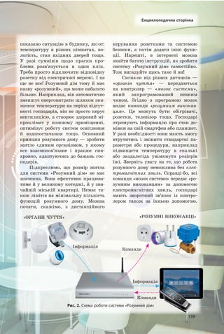 139139
енциклопедична сторінка
рис. 2. Схема роботи системи «Розумний дім»
Команди
Команди
Інформація
Інформація
«ОРГАНИ ЧУТТЯ»
«МОЗОК»
«РОЗУМНІ ВИКОНАВЦІ»
показано ситуацію в будинку, як­от:
температуру в різних кімнатах, во­
логість, стан вхідних дверей тощо.
У разі сумнівів щодо праски про­
блема розв’язується в один клік.
Треба просто відключити відповідну
розетку від електричної мережі. І це
ще не все! Розумний дім тому й має
назву «розумний», що може набагато
більше. Наприклад, він автоматично
зменшує енерговитрати шляхом зни­
ження температури на період відсут­
ності господарів, він не просто керує
вентиляцією, а створює здоровий мі­
кроклімат у кожному приміщенні,
оптимізує роботу систем освітлення
й водопостачання тощо. Основний
принцип розумного дому — зробити
житло єдиним організмом, у якому
все взаємопов’язане і працює син­
хронно, адаптуючись до бажань гос­
подарів.
Підкреслимо, що розмір житла
для системи «Розумний дім» не має
значення. Вона ефективно працюва­
тиме й у великому котеджі, й у зви­
чайній міській квартирі. Немає та­
кож лімітів на мінімальну кількість
функцій розумного дому. Можна
почати, скажімо, з дистанційного
керування розетками та системою
безпеки, а потім додати інші функ­
ції. Нарешті, в інтернеті можна
знайти багато інструкцій, як зробити
систему «Розумний дім» самостійно.
Тож вигадуйте щось таке й ви!
Сигнали від різних датчиків —
«органів чуття» — передаються
на контролер — «мозок системи»,
який запрограмований певним
чином. Згідно з програмою мозок
видає команди «розумним виконав­
цям». Це можуть бути обігрівачі,
розетки, телевізор тощо. Господарі
отримують інформацію про стан до­
мівки на свій смартфон або планшет.
У разі необхідності вони мають змогу
втрутитись і змінити стандартні па­
раметри або процедури, наприклад
підвищити температуру в спальні
або заздалегідь увімкнути розігрів
їжі. Зверніть увагу на те, що робота
розумного дому неможлива без елек­
тромагнітних хвиль. Справді­бо, всі
команди «мозок системи» передає «ро­
зумним виконавцям» за допомогою
електромагнітних хвиль, господарі
мають зворотний зв’язок із контро­
лером також за їхньою допомогою.
Інформація
«МОЗОК»
 