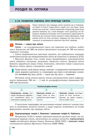 140
РОЗДІЛ III. ОптикаРОЗДІЛ III. Оптика
§ 24. Розвиток уявлень про природу світла
Перші уявлення про природу світла виникли ще в Стародав­
ніх Греції та Єгипті. Серед безлічі теорій того часу були і дуже
близькі до сучасних, і зовсім примітивні. Наприклад, деякі вчені
давнини вважали, що з очей виходять тонкі щупальця, які об­
мацують предмети, внаслідок чого й виникають зорові відчуття.
Близькою до сучасних можна вважати теорію Демокрита, який
уявляв світло як потік частинок. Згадаємо, що таке світло, і ді­
знаємось, як розвивалися уявлення про його природу.
1
Оптика — наука про світло
Світло — це електромагнітні хвилі, які сприймає око людини, тобто
хвилі довжиною від 380 нм (світло фіолетового кольору) до 760  нм (світло
червоного кольору).
yy Світло випромінюється внаслідок процесів, які відбуваються всередині
атомів (детальніше про випромінювання світла ви дізнаєтесь із матеріалу § 37).
yy Будь-яке фізичне тіло, атоми якого випромінюють електромагнітні
хвилі видимого діапазону, називають джерелом світла. Джерела світла
бувають природними (зоря, Сонце, блискавка, світлячок тощо) і штучними
(багаття, свічка, факел, електрична лампа).
Розділ фізики, який вивчає явища, пов’язані з поширенням електромагнітних
хвиль видимого діапазону та з взаємодією цих хвиль із речовинами, назива­
ють оптикою (від грец. optikē — наука про зір; optos — видимий).
Останнім часом оптика вивчає також електромагнітні хвилі інфрачер­
воного (довжиною 760 нм — 1 мм) та ультрафіолетового (довжиною 10–
380 нм) діапазонів.
Геометрична оптика роз­
глядає поширення, відбиван­
ня і заломлення світла, не
поясню­ючи природу світла
Квантова оптика розглядає
світло як потік частинок  —
фотонів, що мають енергію,
але не мають маси
Хвильова оптика роз­
глядає світло як елек­
тромагнітні хвилі певної
частоти
Основні розділи оптики
У наступних параграфах ми розглянемо основні поняття і закони кож-
ного із зазначених розділів оптики, а зараз коротко зупинимося на історії
формування уявлень про природу світла.
2
Корпускулярна теорія І. Ньютона і хвильова теорія К.  Гюйґенса
Наприкінці XVII ст. майже одночасно виникли дві різні теорії, які по-
яснювали природу світла, ґрунтуючись на законах механіки: корпускулярна
теорія англійського фізика Ісаака Ньютона (1643–1727) і хвильова теорія
голландського фізика Крістіана Гюйґенса (1629–1695).
 