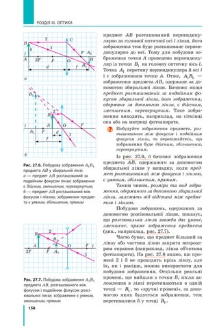 158
РОЗДІЛ III. Оптика
предмет AB розташований перпендику-
лярно до головної оптичної осі l лінзи, його
зображення теж буде розташоване перпен-
дикулярно до неї. Тому для побудови зо-
браження точки А проведемо перпендику-
ляр із точки B1 на головну оптичну вісь l.
Точка A1 перетину перпендикуляра й осі l
і є зображенням точки А. Отже, A B1 1 —
зображення предмета AB, одержане за до-
помогою збиральної лінзи. Бачимо: якщо
предмет розташований за подвійним фо­
кусом збиральної лінзи, його зображення,
одержане за допомогою лінзи, є  дійсним,
зменшеним, перевернутим. Таке зобра-
ження виходить, наприклад, на сітківці
ока або на матриці фото­апарата.
Побудуйте зображення предмета, роз­
ташованого між фокусом і подвійним
фокусом лінзи, та переконайтесь, що
зображення буде дійсним, збільшеним,
перевернутим.
Із рис. 27.6, б бачимо: зображення
предмета AB, одержаного за допомогою
збиральної лінзи у випадку, коли пред­
мет розташований між фокусом і лінзою,
є уявним, збільшеним, прямим.
Таким чином, розміри та вид зобра­
ження, одержаного за допомогою збиральної
лінзи, залежать від відстані між предме­
том і лінзою.
Побудова зображень, одержаних за
допомогою розсіювальної лінзи, показує,
що розсіювальна лінза завжди дає уявне,
зменшене, пряме зображення предмета
(див., наприклад, рис. 27.7).
Часто буває, що предмет більший за
лінзу або частина лінзи ­закрита непрозо-
рим екраном (наприклад, лінза об’єктива
фотоапарата). На рис. 27.8 видно, що про-
мені 2 і 3 не проходять крізь лінзу, але
їх,  як  і  раніше, можна використати для
побудови зображення. Оскільки реальні
промені, що вийшли з точки B, після за-
ломлення в лінзі перетинаються в  одній
точці — B1 , то «зручні промені», за допо-
могою яких будується зображення, теж
перетиналися б у точці B1 .
Рис. 27.7. Побудова зображення А1В1
предмета АВ, розташованого між
фокусом і подвійним фокусом розсі­
ювальної лінзи; зображення є уявним,
зменшеним, прямим
lO F
F2F
1
2
A
B
B1
A1
Рис. 27.6. Побудова зображення А1В1
предмета АВ у збиральній лінзі:
а — предмет АВ розташований за
подвійним фокусом лінзи; зображення
є дійсним, зменшеним, перевернутим;
б — предмет АВ розташований між
фокусом і лінзою, зображення предме­
та є уявним, збільшеним, прямим
l O
2
1
F
F
A
B
B1
A1
б
l
1
2 C
F
F2FA
B
B1
A1
h
H
а
fd
d
f
O
 
