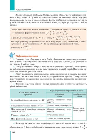 160
РОЗДІЛ III. ОПТИКА
Аналіз фізичної проблеми. Скористаємося оборотністю світлових про-
менів. Тоді точка S1, у якій збігаються промені за наявності лінзи, відіграє
роль джерела світла, з якого промені йдуть розбіжним пучком; а точка S,
у якій збігаються промені за відсутності лінзи, відіграє роль уявного зобра-
ження.
Пошук математичної моделі, розв’язання. Урахувавши, що f слід брати зі знаком
«–», запишемо формулу тонкої лінзи:
1 1 1
F d f
= −= − , або F
df
f d
=
f d−f d
.
Із рис. 27.9 бачимо, що d ad a=d a , f a b= −f a= −f a , отже, F
a a b
a b a
a a b
b
a b a
b
=
(a a(a a )
( )
=
(a a(a a )
( )
=
(a b(a b )−
− −a b− −a b)− −)
−
−
−
.
Аналіз результату. За умовою задачі b ab ab a, тому вираз b ab a−b a( ) є від’ємним, а отже,
від’ємною є і фокусна відстань F ( )0 , що відповідає розсіювальній лінзі.
Відповідь: F
a b a
b
=
(a b(a b )−
.
підбиваємо підсумки
yy Прозоре тіло, обмежене з двох боків сферичними поверхнями, назива-
ють лінзою. Лінзи бувають збиральними і розсіювальними, а за формою —
опуклими й увігнутими.
yy Лінзу називають збиральною, якщо паралельні промені, що падають
на неї, після заломлення в лінзі перетинаються в одній точці. Цю точку на-
зивають дійсним фокусом лінзи.
yy Лінзу називають розсіювальною, якщо паралельні промені, що пада-
ють на неї, після заломлення в лінзі йдуть розбіжним пучком. Точку, в якій
перетинаються продовження заломлених променів, називають уявним фо-
кусом лінзи.
yy Залежно від типу лінзи і місця розташування предмета одержують
різні зображення:
Місце розташування
предмета
Характеристика зображення в лінзі
збиральна
лінза
розсіювальна
лінза
За подвійним фокусом лінзи: d F 2 Дійсне, зменшене, пере-
вернуте
Уявне, змен-
шене, пряме
У подвійному фокусі лінзи: d F= 2 Дійсне, рівне, перевернуте
Між фокусом і подвійним фокусом
лінзи: F d F  2
Дійсне, збільшене, пере-
вернуте
У фокусі лінзи: d F= Зображення немає
Між фокусом і лінзою: d F Уявне, збільшене, пряме
yy Фізичну величину, яка характеризує заломні властивості лінзи і є
оберненою до її фокусної відстані, називають оптичною силою лінзи: D
F
=
1
.
 