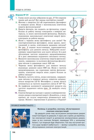196
РОЗДІЛ III. ОПТИКА
Вправа № 34
1. Схему якого досліду зображено на рис. 1? Хто першим
провів цей дослід? Які явища спостерігав учений?
2. Фотони з енергією 3,4 еВ спричиняють фотоефект
із поверхні цезію. Якою є максимальна кінетична
енергія фотоелектронів?
3. Енергія фотонів, що падають на фотокатод, утричі
більша за роботу виходу електронів з поверхні ма­
теріалу, із якого виготовлений фотокатод. Знайдіть
відношення максимальної кінетичної енергії фото­
електронів до роботи виходу.
4. Якою є червона межа фотоефекту для цезію? Чи
спостерігатиметься фотоефект, якщо зразок, виго­
товлений із цезію, освітлювати видимим світлом?
5. На рис. 2 подано вольт­амперну характеристику
фотоефекту для деякого металу. Побудуйте вольт­
амперну характеристику для цього металу 1) в разі
збільшення частоти падаючого випромінювання;
2) в разі зменшення падаючого світлового потоку.
6. Визначте максимальну кінетичну енергію фотоелек­
тронів, «вирваних» із калієвого фотокатода фіолето­
вим світлом із довжиною хвилі 420 нм.
7. Червона межа фотоефекту для певного металу
відповідає довжині хвилі 600 нм. Якою є частота
випромінювання, що спричиняє емісію фотоелек­
тронів, кінетична енергія яких утричі більша за
роботу виходу?
8. Знайдіть частоту світла, якщо електрони, «вирвані»
цим світлом із поверхні металу, повністю затриму­
ються напругою 2,0 В. Фотоефект у цьому металі
починається за частоти падаючого світла 6·1014 Гц.
9. За графіком залежності затримуючої напруги від
частоти падаючого світла (рис. 3) знайдіть сталу
Планка.
10. Сонячні батареї на сьогодні є одним із найперспектив­
ніших джерел електричної енергії. Дізнайтесь, у яких
країнах ця галузь енергетики розвивається най­
краще. Якими є перспективи її розвитку в Україні?
Фахівець із розробки, монтажу, обслуговування
сонячних електростанцій
Ще двадцять років тому застосування альтеративних джерел
енергії виглядало як дивацтво. А зараз уже є країни, де виробниц-
тво електричної енергії за допомогою альтернативних джерел,
перш за все сонячних батарей, перевищує 50% у загальному
балансі. І ця тенденція буде зберігатися. Тож наш наступний про-
гноз щодо професії майбутнього — фахівці з розробки, монтажу,
обслуговування сонячних електростанцій.
ПРОФЕСІЇ МАЙБУТНЬОГО
Рис. 1
Uз, В
0
0,50
1
2
3
4
n, 1015 Гц
Рис. 3
Рис. 2
Iн
–Uз U0
I
 
