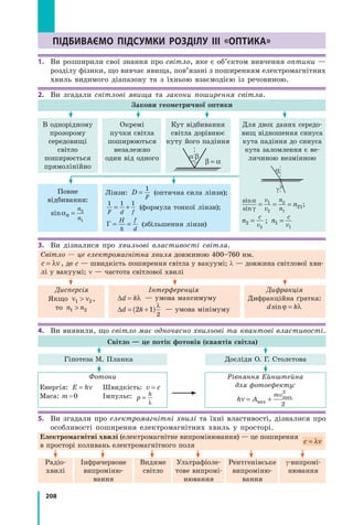 208
підбиВАЄмо підсумки РоЗділу III «оптикА»
1. Ви розширили свої знання про світло, яке є об’єктом вивчення оптики —
розділу фізики, що вивчає явища, пов’язані з поширенням електромагнітних
хвиль видимого діапазону та з їхньою взаємодією із речовиною.
2. Ви згадали світлові явища та закони поширення світла.
Закони геометричної оптики
В однорідному
прозорому
середовищі
світло
поширюється
прямолінійно
Окремі
пучки світла
поширюються
незалежно
один від одного
Кут відбивання
світла дорівнює
куту його падіння
β α=
a β
Для двох даних середо­
вищ відношення синуса
кута падіння до синуса
кута заломлення є ве­
личиною незмінною
a
g
sin
sin
;
α
γ
= = =
v
v
n
n
n1
2
2
1
21
n
c
v2
2
= ; n
c
v1
1
=
Повне
відбивання:
sinα0
2
1
=
n
n
Лінзи: D
F
=
1
(оптична сила лінзи);
1 1 1
F d f
= + (формула тонкої лінзи);
Γ = =
H
h
f
d
(збільшення лінзи)
3. Ви дізналися про хвильові властивості світла.
Світло — це електромагнітна хвиля довжиною 400–760 нм.
c = λν, де с — швидкість поширення світла у вакуумі; λ — довжина світлової хви­
лі у вакуумі; n — частота світлової хвилі
Дисперсія
Якщо ν ν1 2 ,
то n n1 2
Інтерференція
∆d k= λ — умова максимуму
∆d k= +( )2 1
2
λ
— умова мінімуму
Дифракція
Дифракційна ґратка:
d ksinϕ λ=
4. Ви виявили, що світло має одночасно хвильові та квантові властивості.
Світло — це потік фотонів (квантів світла)
Гіпотеза М. Планка Досліди О. Г. Столєтова
Фотони
Енергія: E h= ν Швидкість: v c=
Маса: m=0 Імпульс: p
h
=
λ
Рівняння Ейнштейна
для фотоефекту:
h A
mv
ν = +вих
max
2
2
5. Ви згадали про електромагнітні хвилі та їхні властивості, дізналися про
особливості поширення електромагнітних хвиль у просторі.
Електромагнітні хвилі (електромагнітне випромінювання) — це поширення
в просторі коливань електромагнітного поля
Радіо­
хвилі
Інфрачервоне
випроміню­
вання
Видиме
світло
Ультрафіоле­
тове випромі­
нювання
Рентгенівське
випроміню­
вання
g­випромі­
нювання
c = λν= λν= λ
 