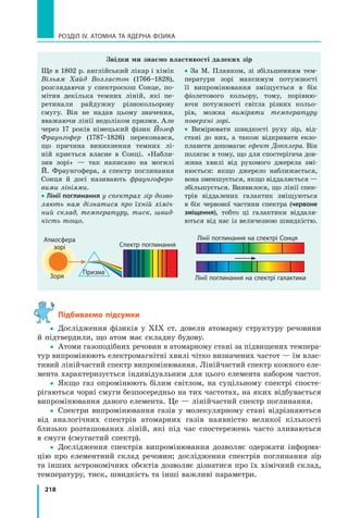 218
РОЗДІЛ IV. АТОМНА ТА ЯДЕРНА ФІЗИКА
Підбиваємо підсумки
 Дослідження фізиків у XIX ст. довели атомарну структуру речовини
й підтвердили, що атом має складну будову.
 Атоми газоподібних речовин в атомарному стані за підвищених темпера-
тур випромінюють електромагнітні хвилі чітко визначених частот — їм влас-
тивий лінійчастий спектр випромінювання. Лінійчастий спектр кожного еле-
мента характеризується індивідуальним для цього елемента набором частот.
 Якщо газ опромінюють білим світлом, на суцільному спектрі спосте-
рігаються чорні смуги безпосередньо на тих частотах, на яких відбувається
випромінювання даного елемента. Це — лінійчастий спектр поглинання.
 Спектри випромінювання газів у молекулярному стані відрізняються
від аналогічних спектрів атомарних газів наявністю великої кількості
близько розташованих ліній, які під час спостережень часто зливаються
в смуги (смугастий спектр).
 Дослідження спектрів випромінювання дозволяє одержати інформа-
цію про елементний склад речовин; дослідження спектрів поглинання зір
та інших астрономічних обєктів дозволяє дізнатися про їх хімічний склад,
температуру, тиск, швидкість та інші важливі параметри.
Ще в 1802 р. англійський лікар і хімік
Вільям Хайд Волластон (1766–1828),
розглядаючи у спектроскоп Сонце, по-
мітив декілька темних ліній, які пе-
ретинали райдужну різнокольорову
смугу. Він не надав цьому значення,
вважаючи лінії недоліком призми. Але
через 17 років німецький фізик йозеф
Фраунгофер (1787–1826) переконався,
що причина виникнення темних лі-
ній криється власне в Сонці. «Набли-
зив зорі» — так написано на могилі
Й. Фраунгофера, а спектр поглинання
Сонця й досі називають фраунгоферо­
вими лініями.
• Лінії поглинання у спектрах зір дозво­
ляють нам дізнатися про їхній хіміч­
ний склад, температуру, тиск, швид­
кість тощо.
Призма
Спектр поглинання
Зоря
Атмосфера
зорі
• За М. Планком, зі збільшенням тем-
ператури зорі максимум потужності
її випромінювання зміщується в бік
фіолетового кольору, тому, порівню-
ючи потужності світла різних кольо-
рів, можна виміряти температуру
поверхні зорі.
• Вимірювати швидкості руху зір, від-
стані до них, а також відкривати екзо-
планети допомагає ефект Допплера. Він
полягає в тому, що для спостерігача дов-
жина хвилі від рухомого джерела змі-
нюється: якщо джерело наближається,
вона зменшується, якщо віддаляється —
збільшується. Виявилося, що лінії спек-
трів віддалених галактик зміщуються
в бік червоної частини спектра (червоне
зміщення), тобто ці галактики віддаля-
ються від нас із величезною швидкістю.
Лінії поглинання на спектрі Сонця
Лінії поглинання на спектрі галактики
Звідки ми знаємо властивості далеких зір
 