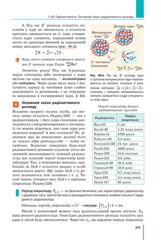 233
§ 40. Радіоактивність. Основний закон радіоактивного розпаду
3. Під час β+
-розпаду кількість ну-
клонів у ядрі не змінюється, а кількість
протонів зменшується на 1, тому утворю-
ється ядро елемента, порядковий номер
якого на одиницю менший за порядковий
номер вихідного елемента (рис. 40.4):
Z
A
Z
A
eX Y→ ++ −1
0
1 .
Ядро якого елемента утвориться внаслі-
док b–-розпаду ядра Радію 88
228
Ra?
Зверніть увагу! Під час b-розпаду
окрім електрона (або позитрона) з  ядра
вилітає ще одна частинка — антинейтрино
або нейтрино. Через дуже малу масу і від-
сутність заряду ці частинки дуже слабко
взаємодіють із речовиною, і це утруднює
їх виявлення в експерименті (див. § 43).
4
Основний закон радіоактивного
розпаду
Візьмемо закриту скляну колбу, що міс-
тить певну кількість Радону-220,  — він є
радіоактивним, і його ядра спонтанно роз-
падаються з випромінюванням α-частинок.
А чи можна дізнатися, яке саме ядро роз-
падеться першим? А яке останнім? Ні, ді-
знатися про це неможливо: розпад того
чи іншого ядра радіонукліда — подія ви­
падкова. Водночас поведінка будь-якої
радіоактивної речовини підлягає чітко ви-
значеній закономірності: кожний радіону-
клід має власний період піврозпаду (див.
таблицю). Так, у наведеному випадку, при-
близно за 55,6 с кількість радону в  колбі
зменшиться вдвічі. Ще через 55,6 с із ре-
шти залишиться теж половина і  т.  д. Та-
ким чином, інтервал часу 55,6 с є періодом
піврозпаду Радону-220.
Період піврозпаду деяких
радіоактивних нуклідів
Радіонуклід
Період
піврозпаду
Йод-131 8 діб
Калій-40 1,25 млрд років
Карбон-14 5700 років
Кобальт-60 5,3 року
Плутоній-239 24 тис. років
Радій-226 1600 років
Радон-220 55,6 секунди
Радон-222 3,8 доби
Стронцій-89 50,5 доби
Стронцій-90 28,9 року
Уран-235 0,7 млрд років
Уран-238 4,5 млрд років
Цезій-137 30 років
Дочірнє ядро 52
121
Te
b+-частинка
(позитрон)
e+
Материнське
ядро 53
121
I
Рис. 40.4. Під час β+
-розпаду один
із протонів материнського ядра перетво-
рюється на нейтрон, позитрон й елек-
тронне нейтрино: 1
1
0
1
1
0
0
0
p n e→ + ++ ν ;
позитрон і  нейтрино випромінюються,
нейтрон залишається в ядрі (утворюєть-
ся нове ядро)
53
121
1
0
52
121
I Te→ ++
+
e
β
n
p+ e+
n
n
Період піврозпаду T1 2/ — це фізична величина, що характеризує радіонуклід
і дорівнює часу, протягом якого розпадається половина наявної кількості ядер
даного радіонукліда.
Одиниця періоду піврозпаду в СІ —секунда: T1 2 1/



 = с (s).
Нехай у початковий момент часу радіо­нуклідний зразок містить N0
ядер деякого радіонукліда. Унаслідок радіоактивного розпаду кількість цих
ядер із часом буде зменшуватися. Через час t1 , що дорівнює періоду піврозпаду
 