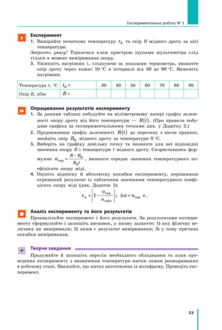 53
Експериментальна робота № 3

Експеримент
1.	 Виміряйте початкову температуру t0 та опір R мідного дроту за цієї
температури.
Зверніть увагу! Торкатися клем пристрою щупами мультиметра слід
тільки в момент вимірювання опору.
3.	 Увімкніть нагрівник і, слідкуючи за показами термометра, визначте
опір дроту через кожні 10  °С в інтервалі від 30 до 90  °С. Вимкніть
нагрівник.
Температура t, °С t0 = 30 40 50 60 70 80 90
Опір R, кОм R =
 Опрацювання результатів експерименту
1.	 За даними таблиці побудуйте на міліметровому папері графік залеж-
ності опору дроту від його температури — R t( ). (Про правила побу-
дови графіка за експериментальними точками див. у Додатку 2.)
2.	 Продовживши графік залежності R t( ) до перетину з віссю ординат,
знайдіть опір R0 мідного дроту за температури 0  °С.
3.	 Виберіть на графіку довільну точку та визначте для неї відповідні
значення опору R і температури t мідного дроту. Скориставшись фор-
мулою αсер =
−R R
R t
0
0
, визначте середнє значення температурного ко­
ефіцієнта опору міді.
4.	 Оцініть відносну й абсолютну похибки експерименту, порівнявши
отриманий результат із табличним значенням температурного коефі-
цієнта опору міді (див. Додаток 1):
εα
α
α
= −1
сер
табл
; ∆α α ε= ⋅сер .
 Аналіз експерименту та його результатів
Проаналізуйте експеримент і його результати. За результатами експери-
менту сформулюйте і запишіть висновок, у якому зазначте: 1) яку фізичну ве-
личину ви вимірювали; 2)  яким є результат вимірювання; 3) у чому причина
похибки вимірювання.
+ Творче завдання
Продумайте й запишіть перелік необхідного обладнання та план про-
ведення експерименту з визначення температури нитки лампи розжарювання
в робочому стані. Вважайте, що нитка виготовлена із вольфраму. Проведіть екс-
перимент.
 
